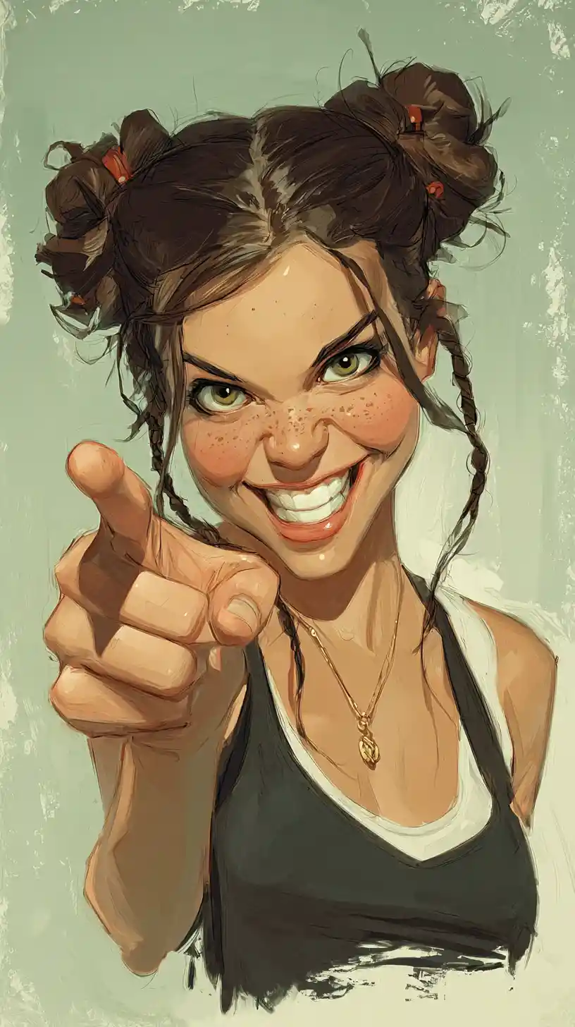 Playful girl caricature portrait pointing toward the viewer