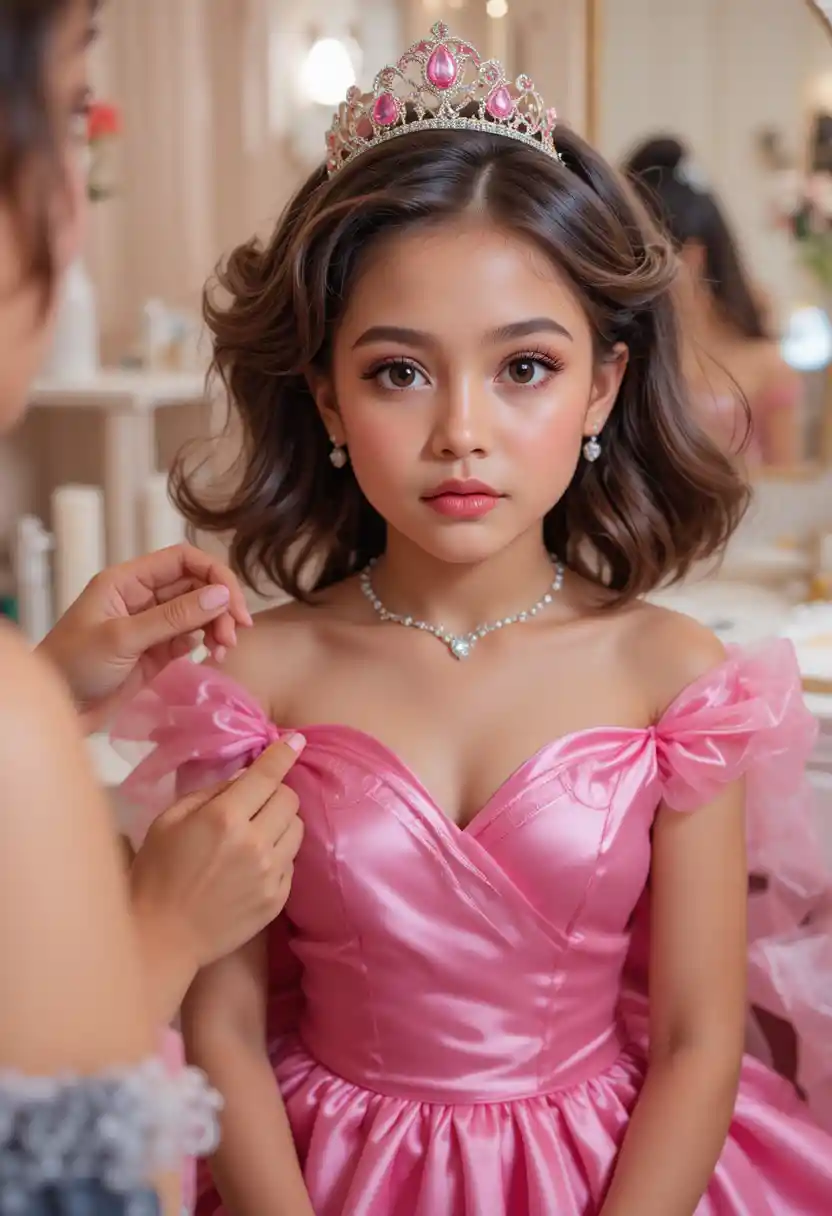 Latino boy transformed into a princess in pink gown