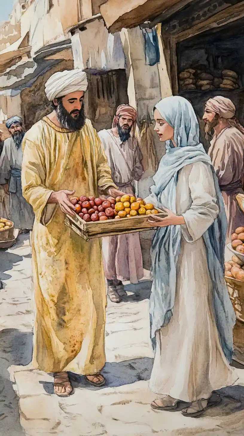 Watercolor scene of merchant sharing fruit in ancient marketplace