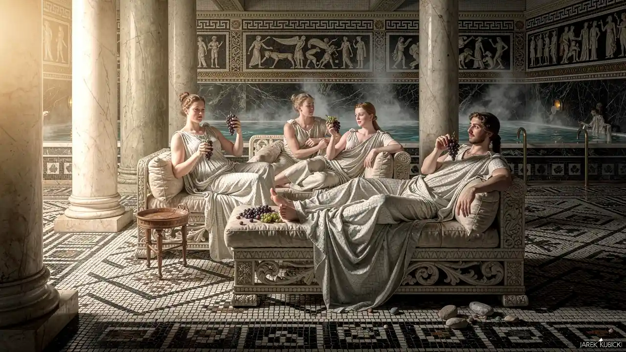 Hellenistic mosaic of figures reclining in a Greek bathhouse