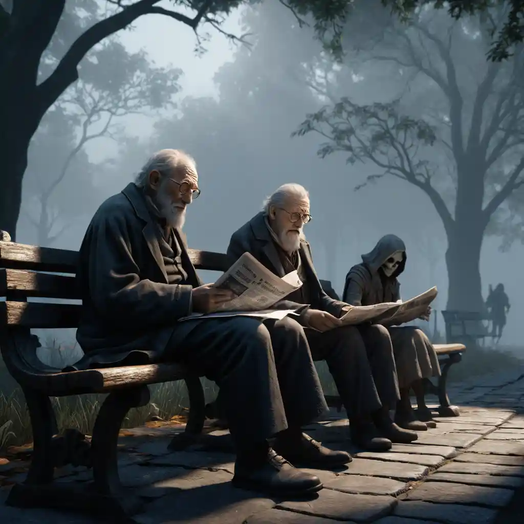 Old man reading on a bench with looming death figure