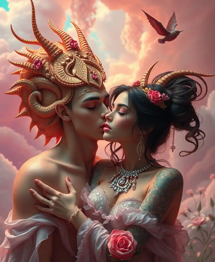 Whimsical popsurreal fantasy creatures in a vivid dream landscape