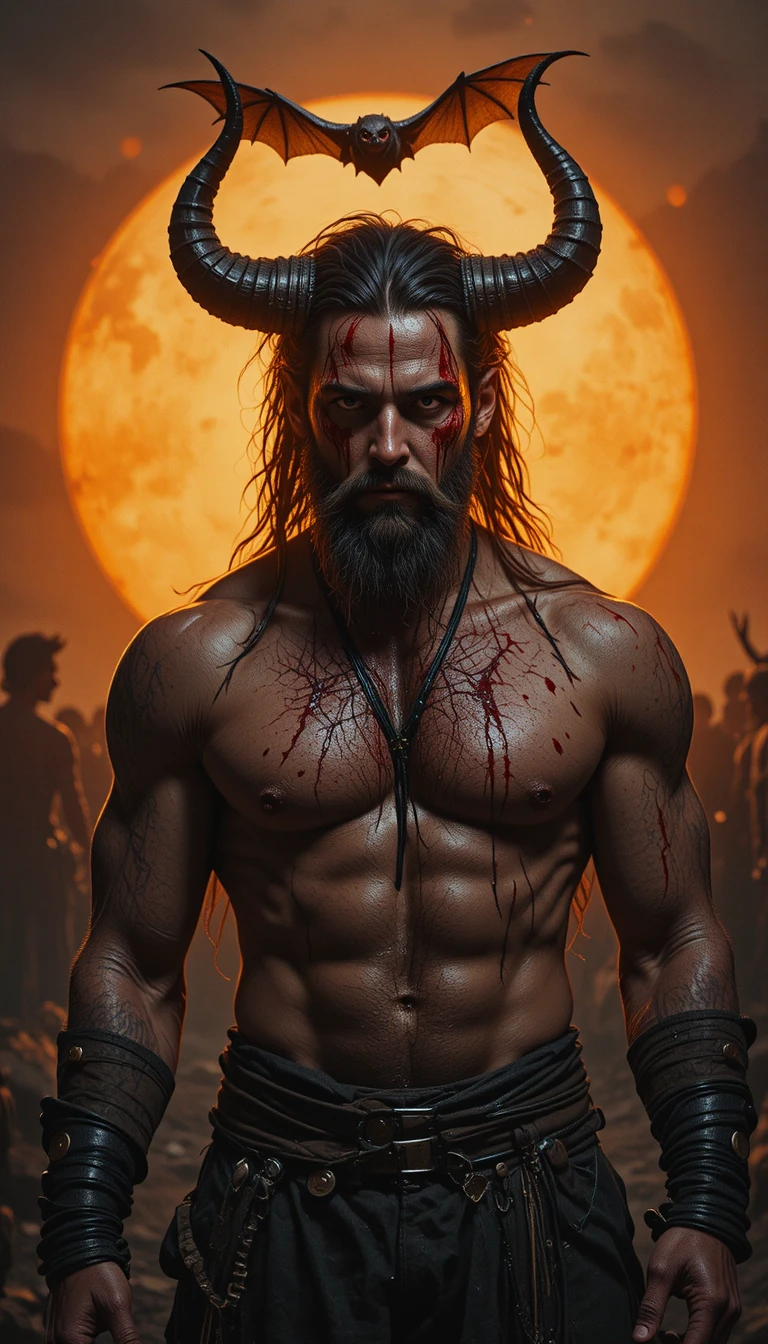 Horned man in bloodied portrait against blazing sunset sky