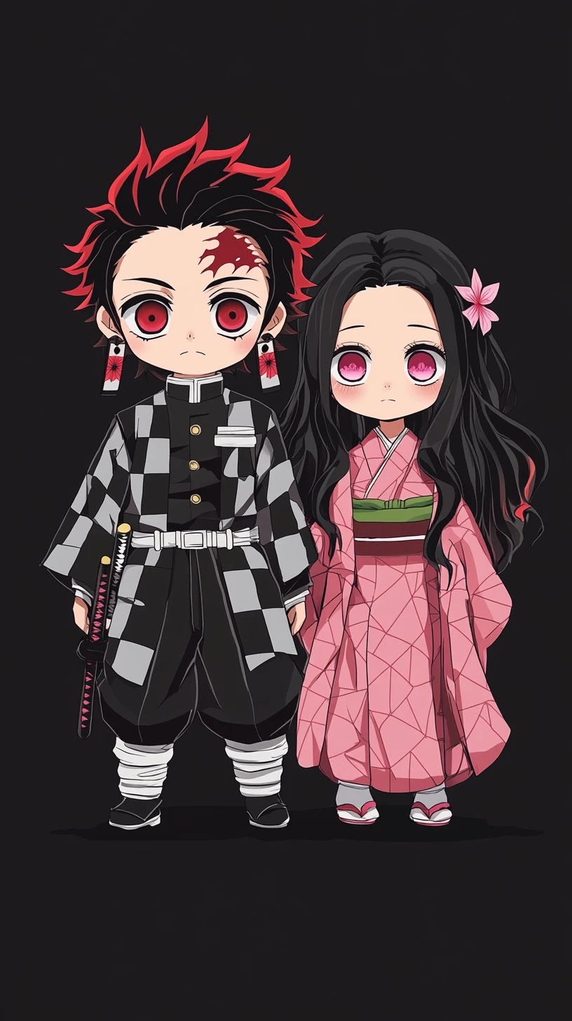 Chibi anime siblings standing in a dark minimalist scene
