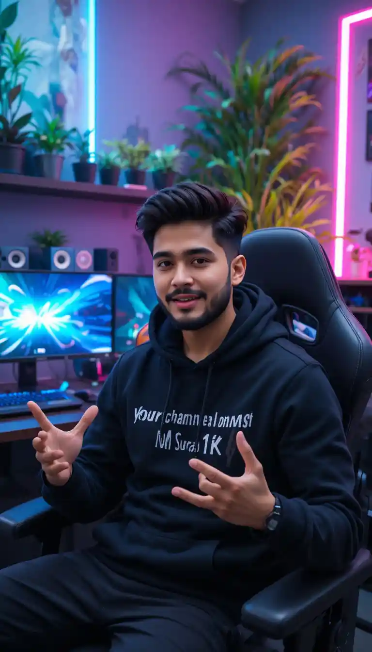 Young male streamer talking in neon lit gaming setup
