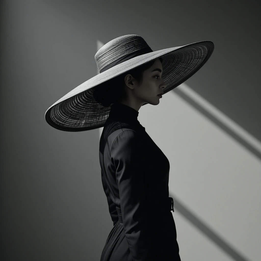 Elegant woman in black dress with wide grey hat