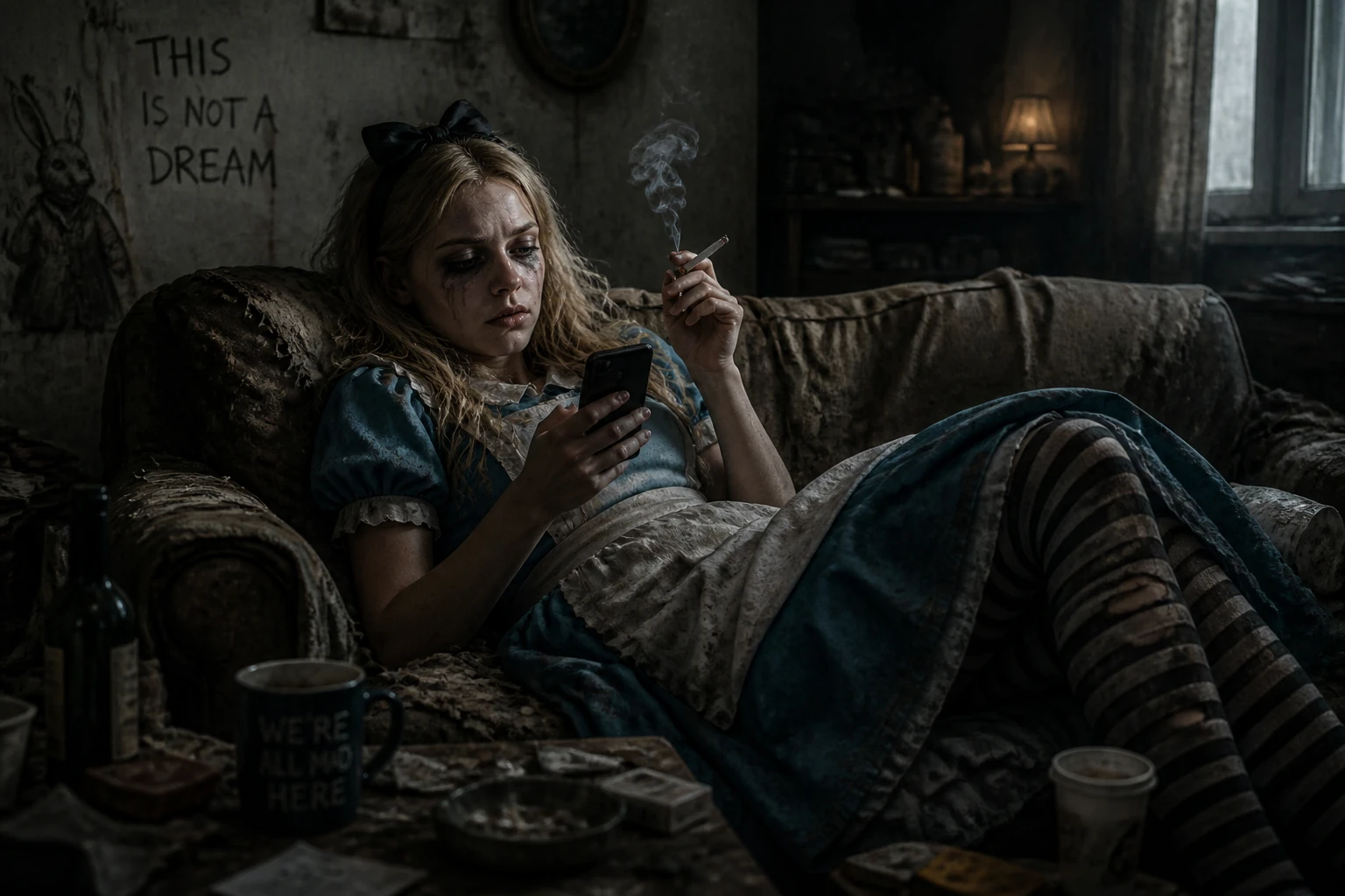 Exhausted woman on shabby sofa in dark apartment