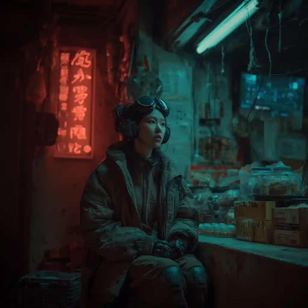 Futuristic asian woman in a dark sci fi chinese city