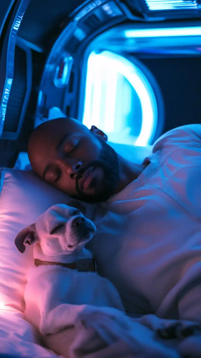 Bald man sleeping in a futuristic bed with his shih tzu