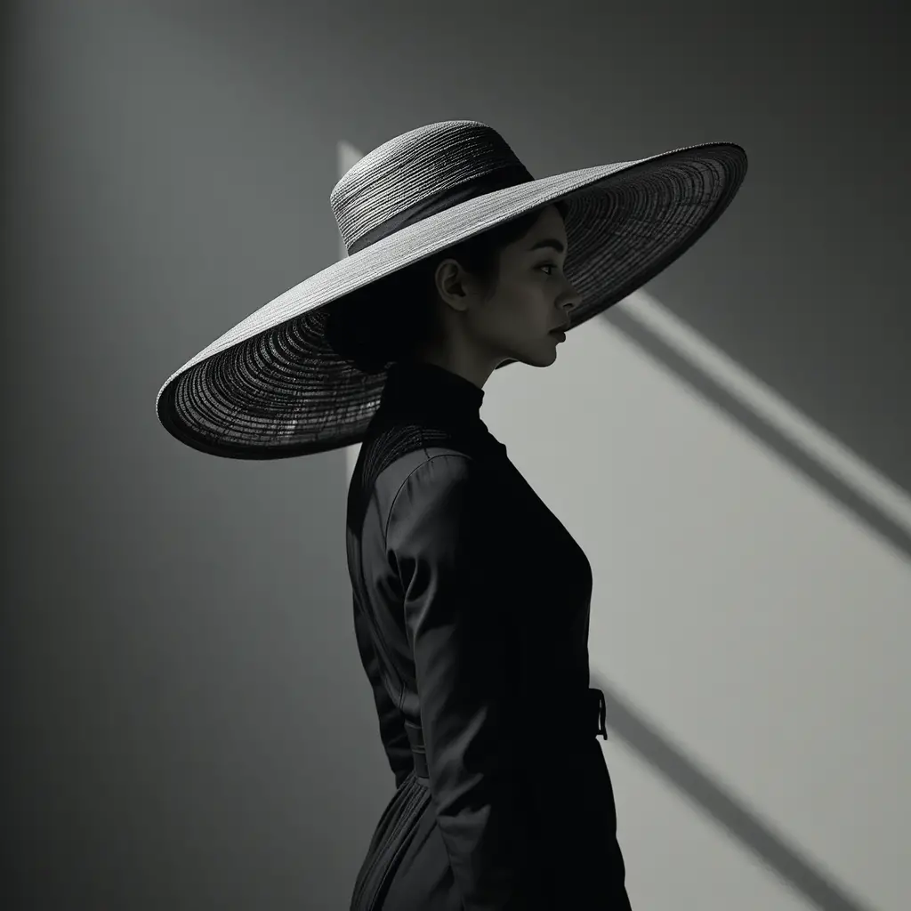 Femme élégante en robe noire avec large chapeau gris