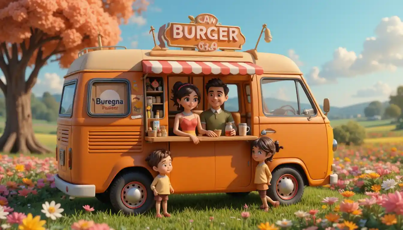 Cheerful clay woman at outdoor burger van bar scene