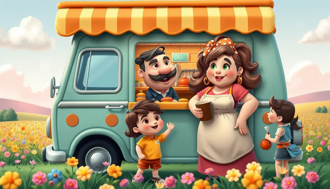 Cheerful clay family scene at a countryside burger van