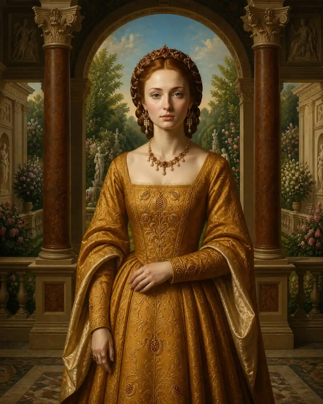 Renaissance style portrait of a young girl on a terrace