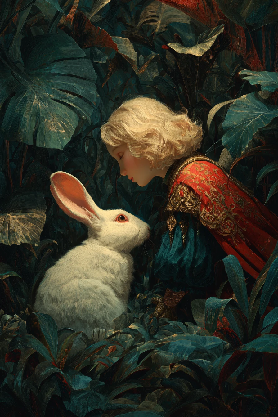 Elder woman guided by white rabbit through surreal jungle maze