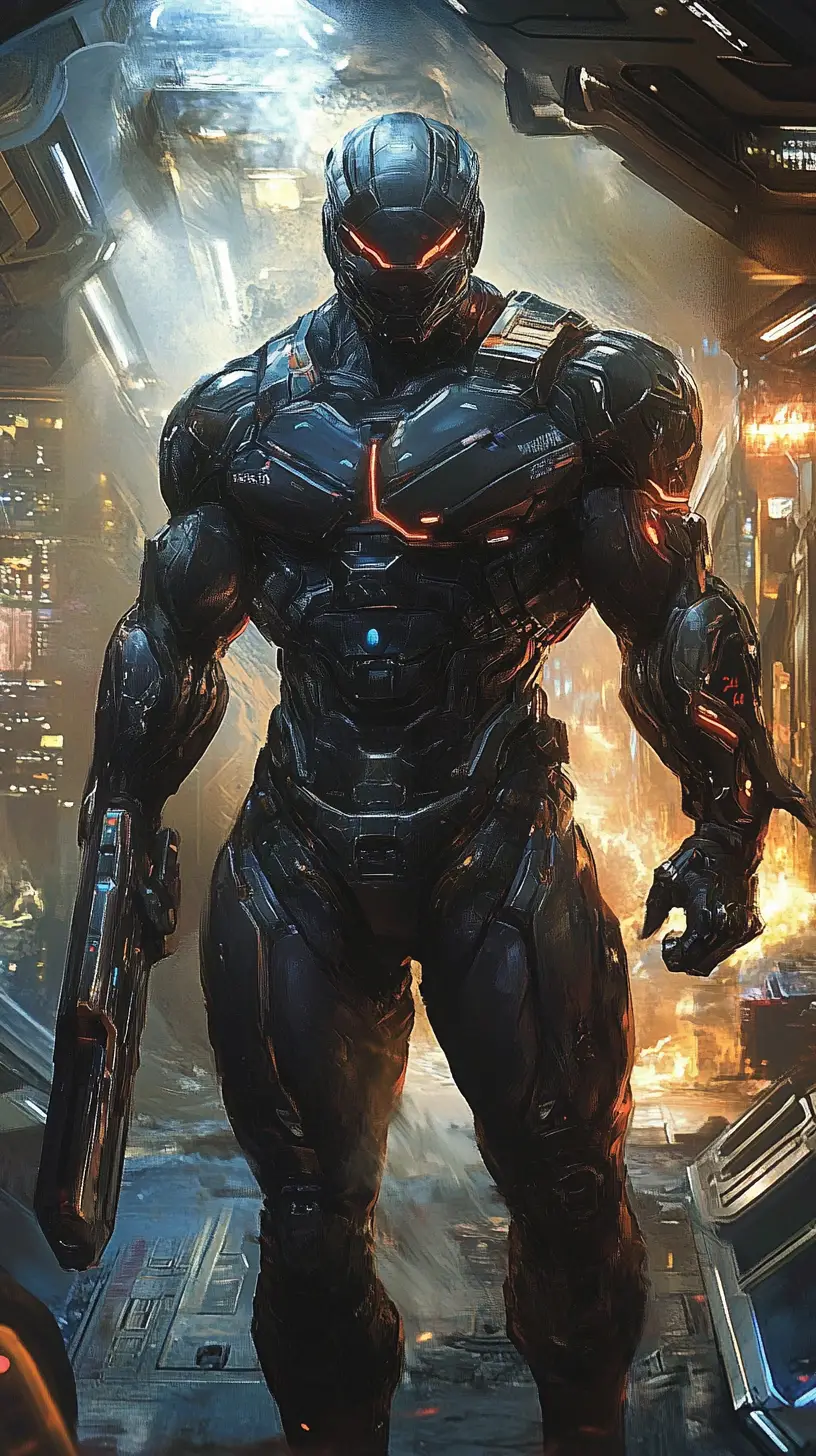 Frightened futuristic warrior inside a luxurious spacecraft