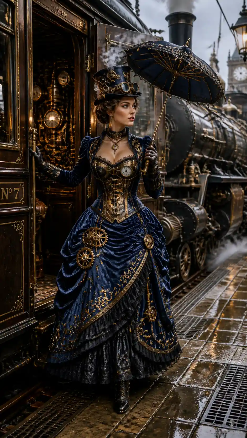 Mujer steampunk bajando de un carruaje ornamentado a un andén