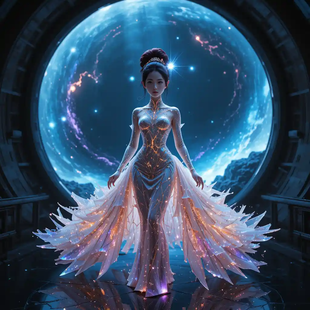 Korean cosmic architect woman in a zero gravity gown