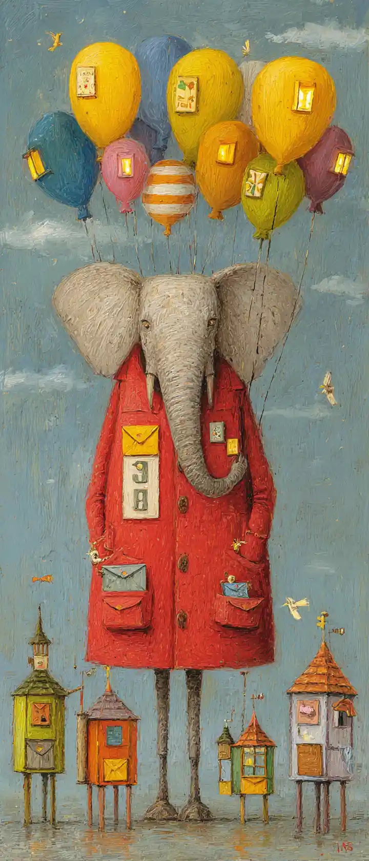 Cheerful Postman Elephant Delivering Letters To A Tiny Village