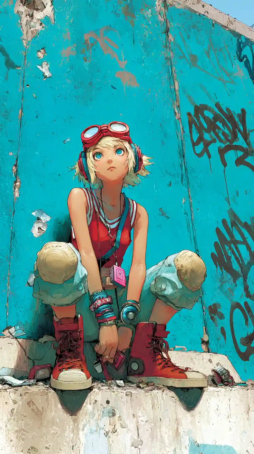 Anime-Mädchen kauert an verwitterter urbaner Wand in Cyan