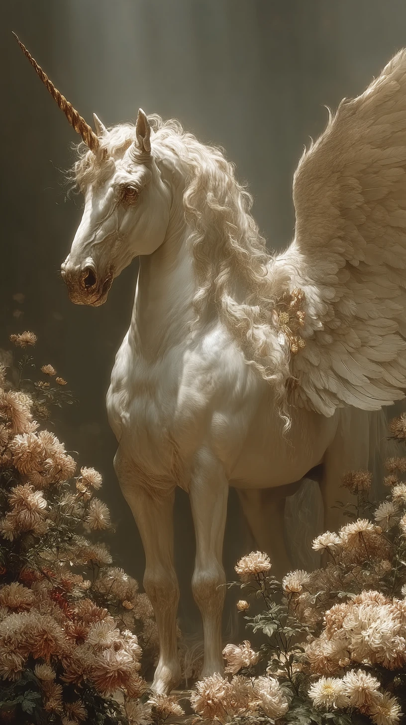 Unicorno alato in luce dorata su un prato interno