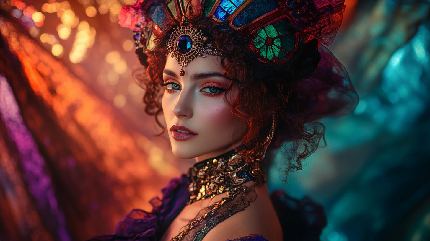 Mujer de moda steampunk vanguardista con textiles vibrantes