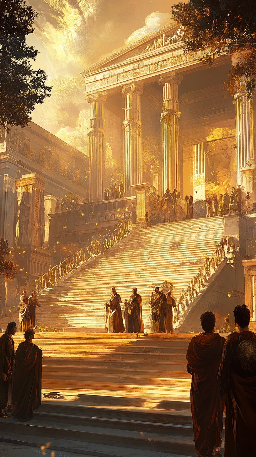Ancient philosophers gathered on marble steps in golden light