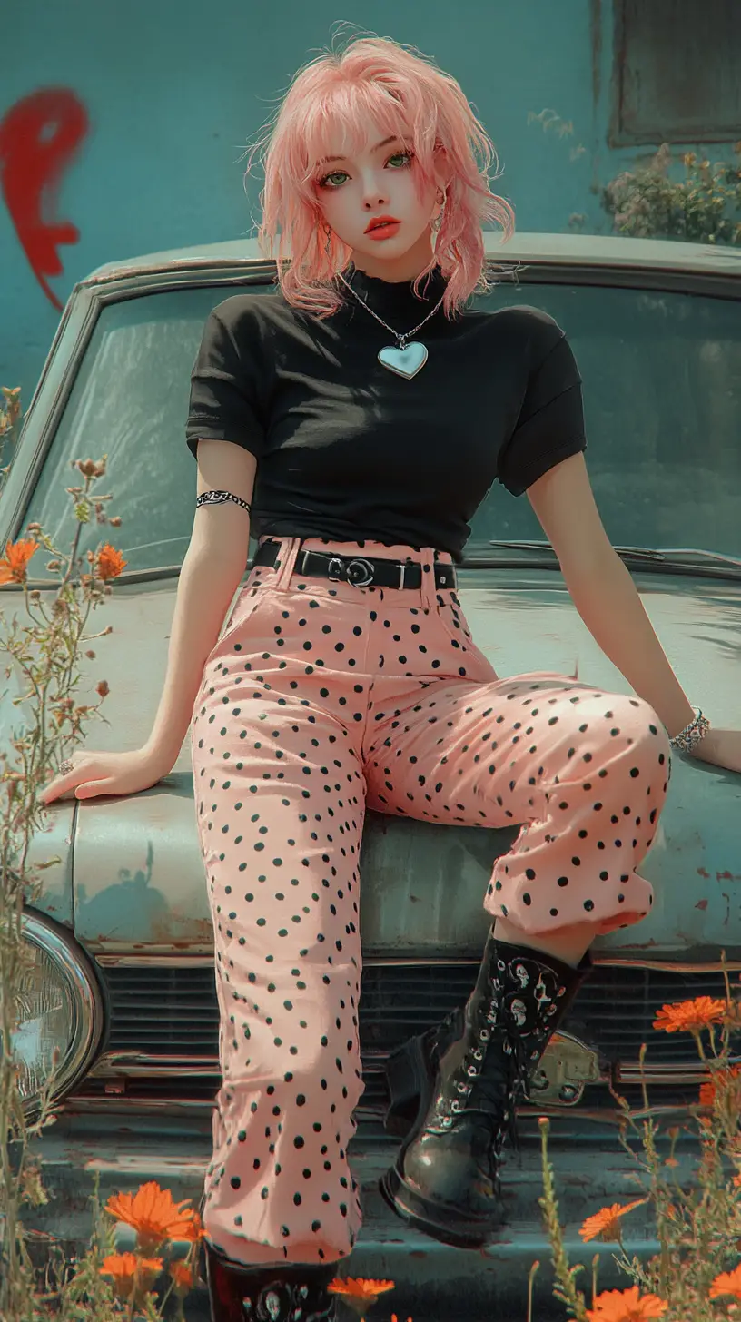 Chica de anime sentada sobre un coche viejo entre flores urbanas