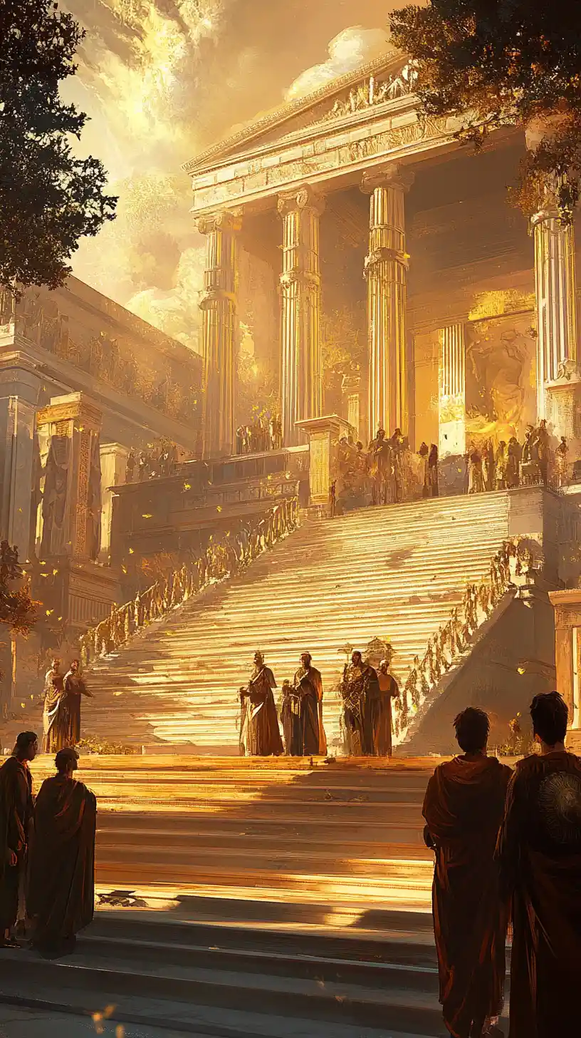 Ancient philosophers gathered on marble steps in golden light