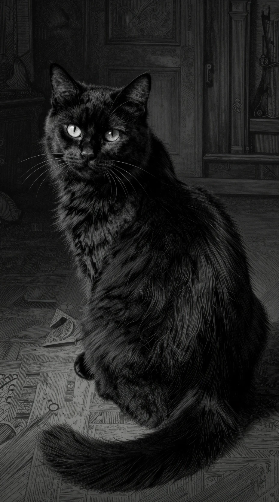 Gato negro esponjoso mirando hacia atrás en estilo de grabado gótico