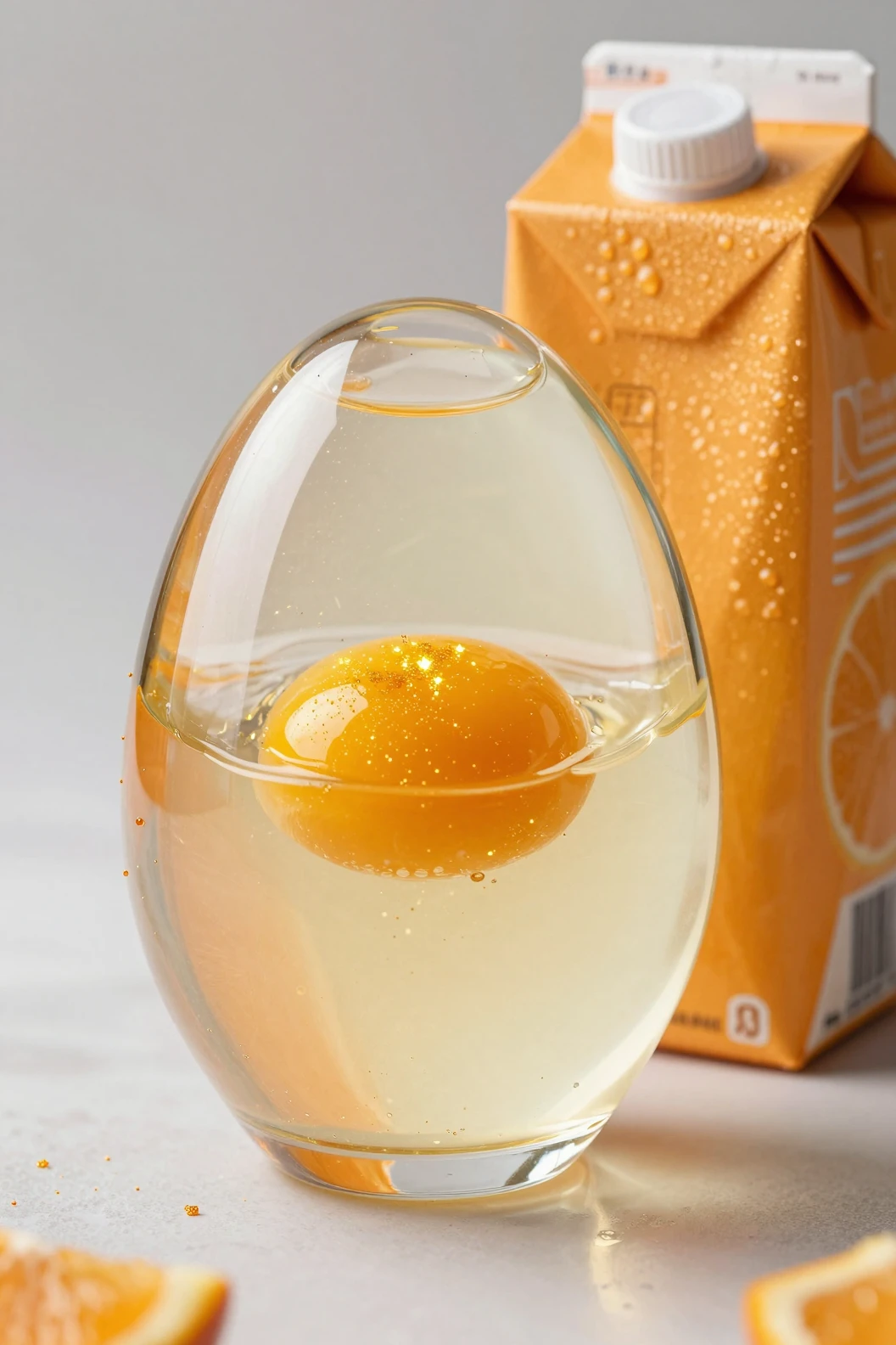 Huevo de vidrio con yema dorada junto a cartón de zumo de naranja fresco