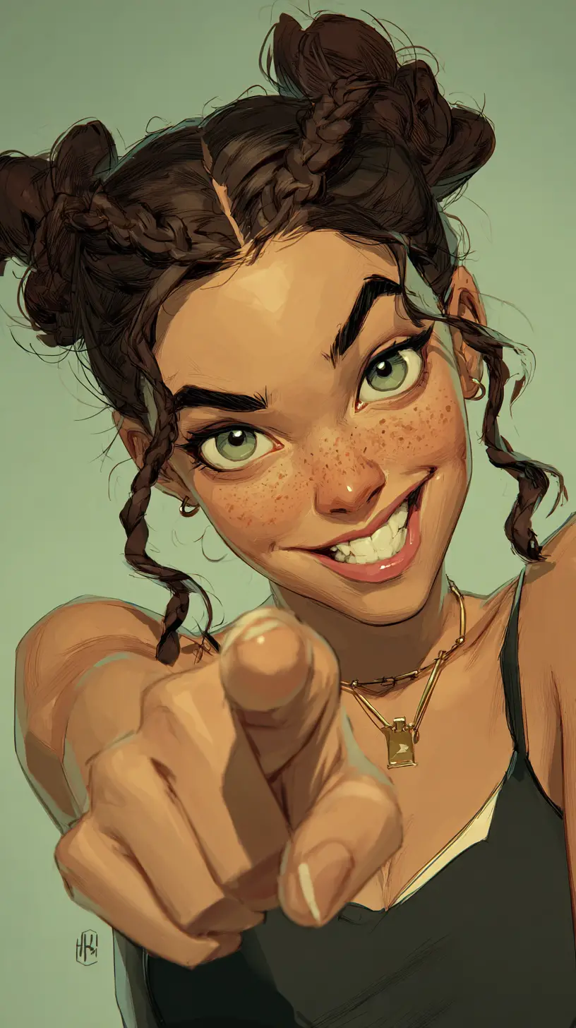 Playful girl caricature pointing forward with bright green eyes