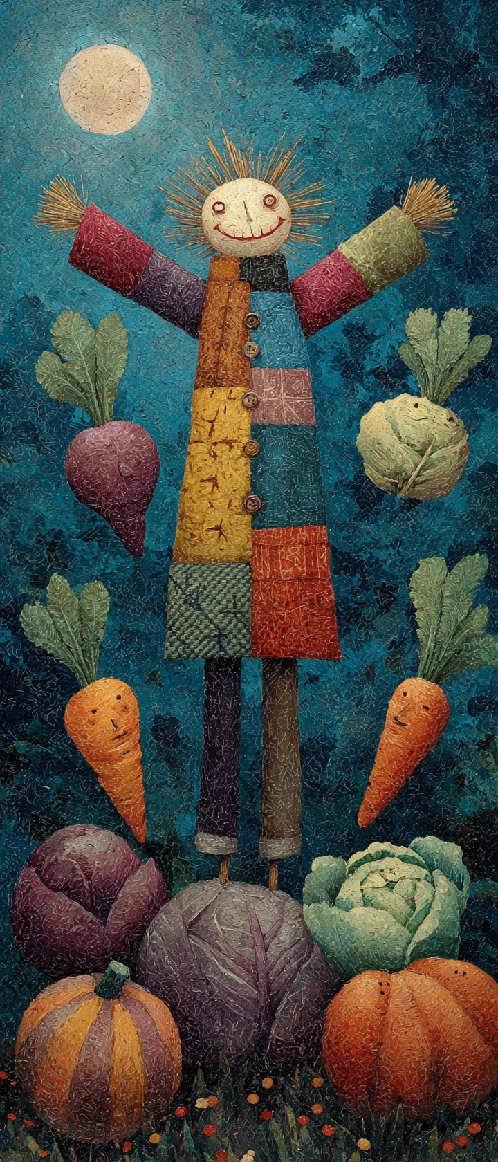 Whimsical scarecrow conducting dancing vegetables at night