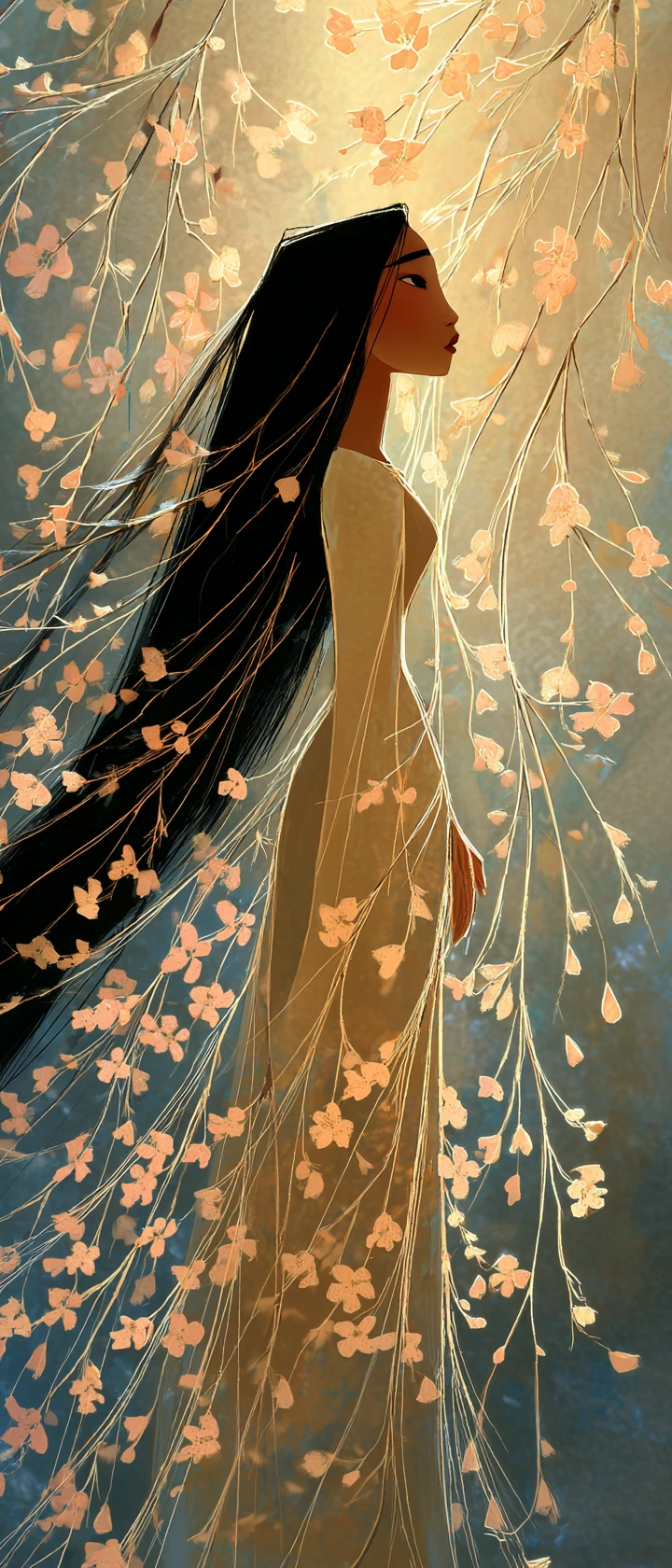 Tree spirit woman at dawn on a misty mountain cliff