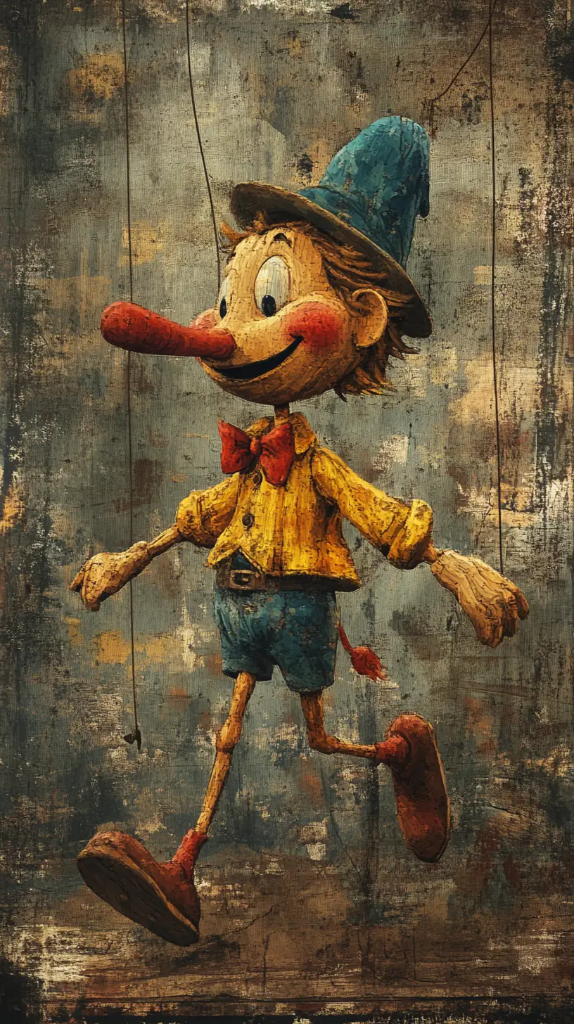 Verspielte Holzmarionette mit langer Nase im Bilderbuch-Stil