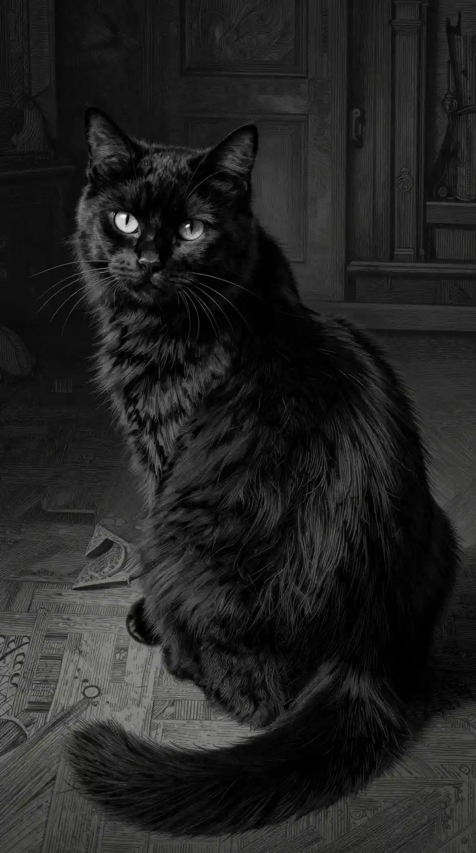 Fluffy black cat glancing back in gothic etching style