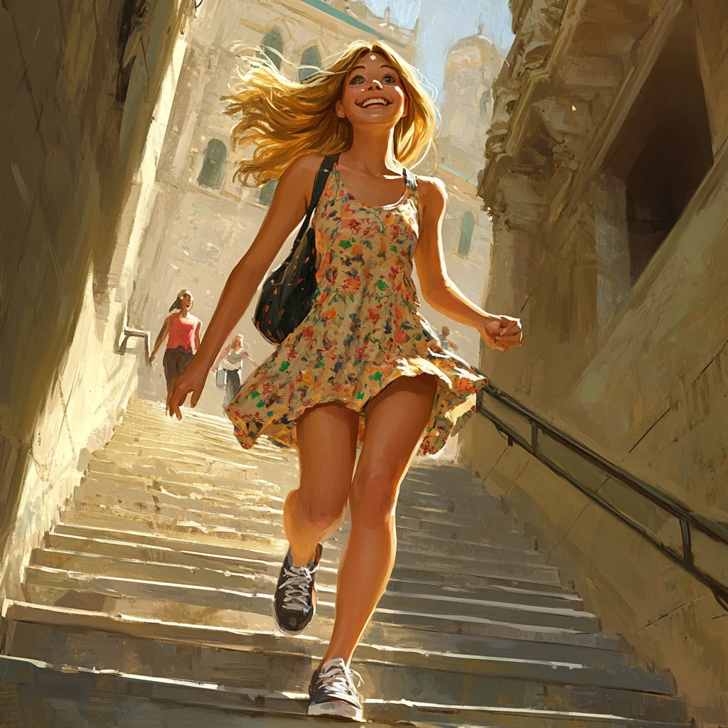 Mujer sonriente bajando por unas escaleras de piedra a la luz del sol