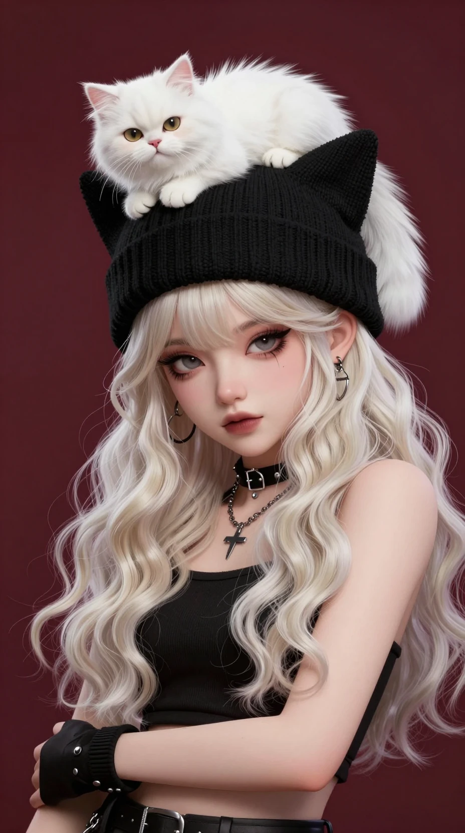 Chica gótica con gorro de orejas de gato y gato persa