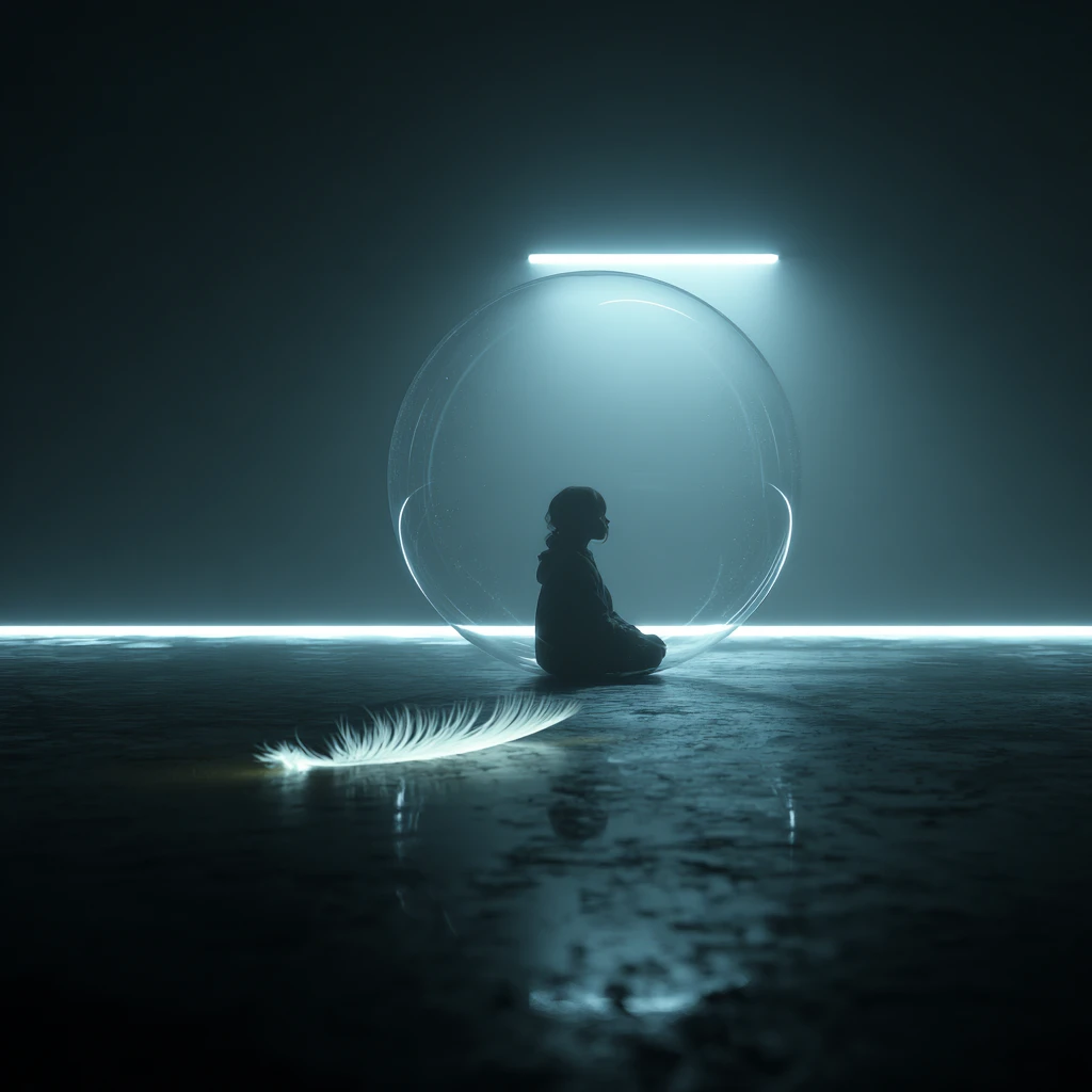 Lonely child silhouette inside glowing glass sphere in darkness