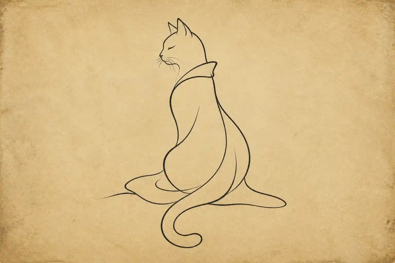 Minimal line drawing of a cloaked cat on aged paper