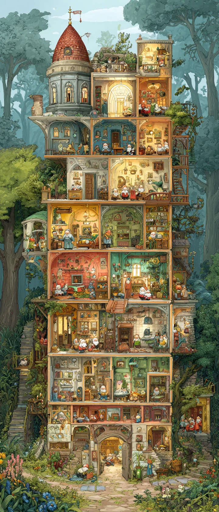 Sección transversal de un apartamento fantasioso en carrete dentro de un bosque encantado