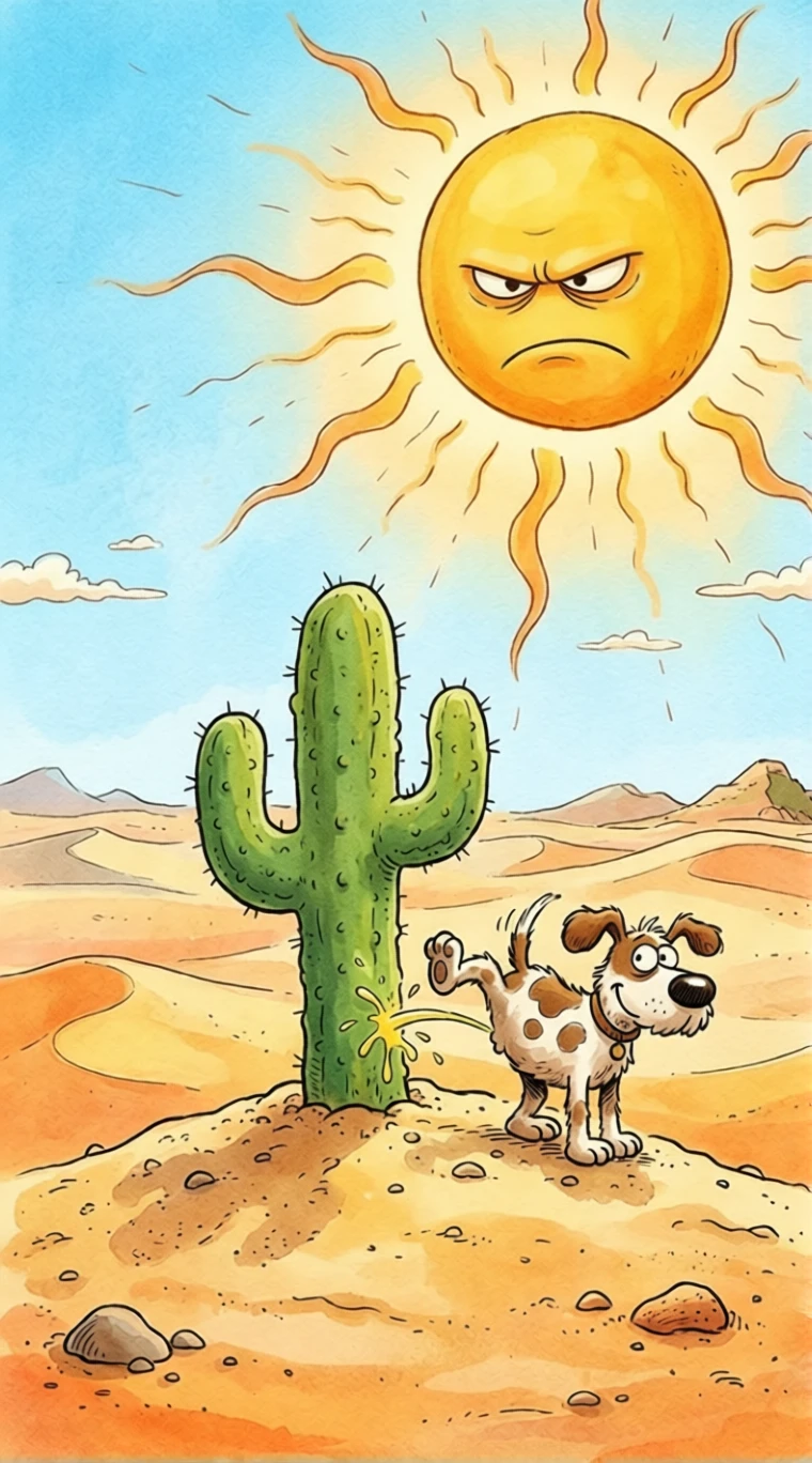 Perro de dibujos animados en desierto soleado con un solo cactus