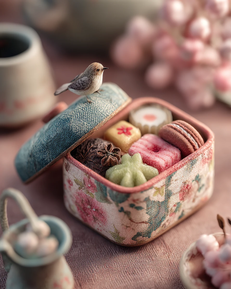 Handgefertigte Bento-Box aus Stoff mit niedlichen Miniaturdetails