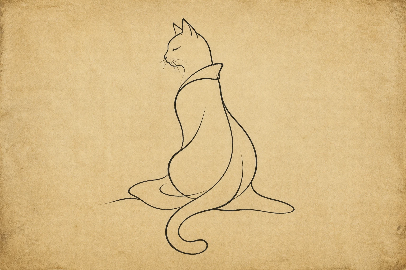 Minimal line drawing of a cloaked cat on aged paper