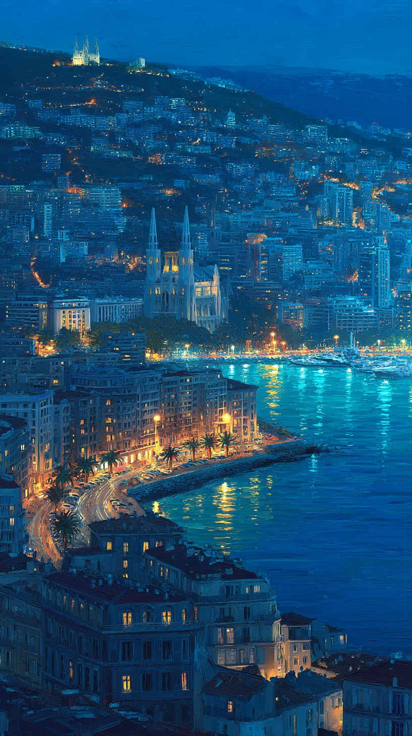 Paisaje nocturno de Argel con brillantes luces costeras