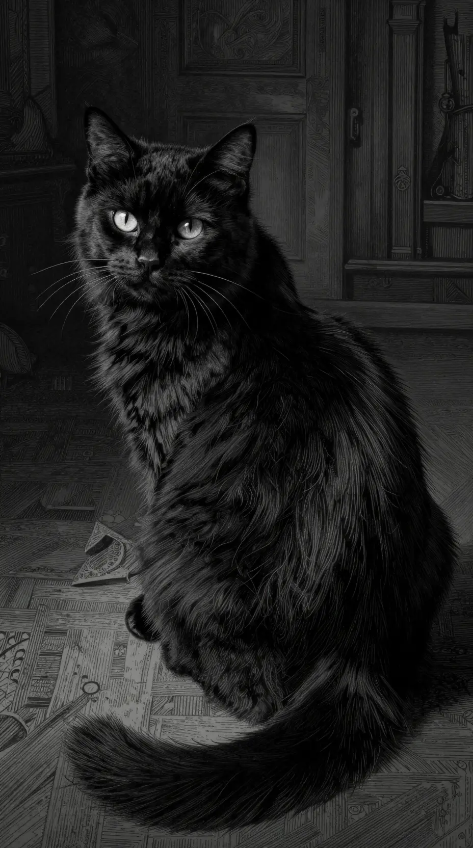 Fluffy black cat glancing back in gothic etching style