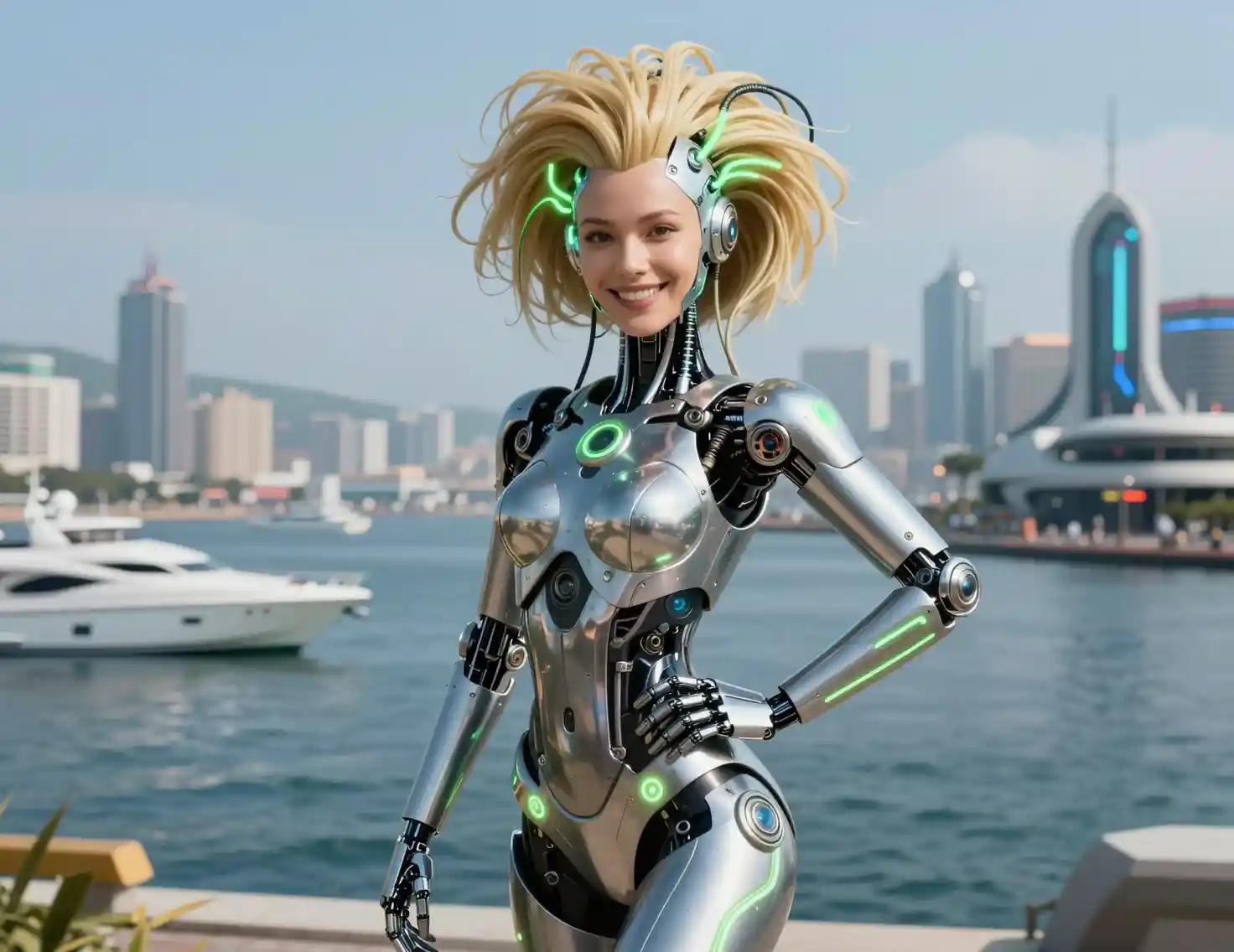 Smiling female cyborg posing by a futuristic coastal city