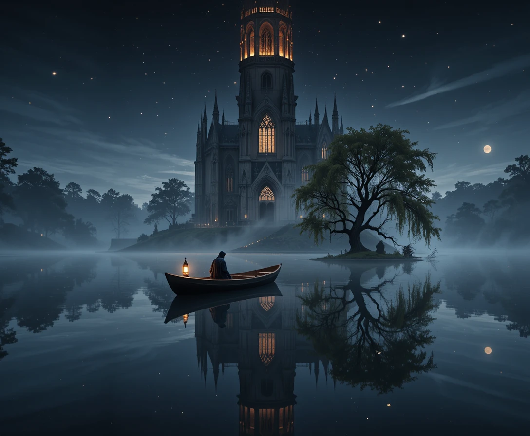 Gothic cathedral reflected in a midnight lake with lone boat