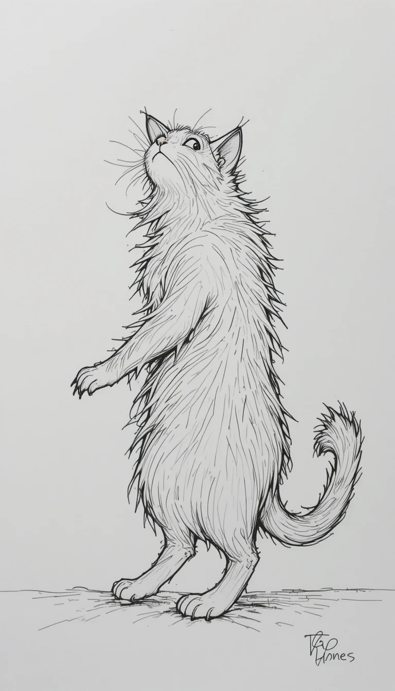 Playful long haired cartoon cat in minimalist sketch style