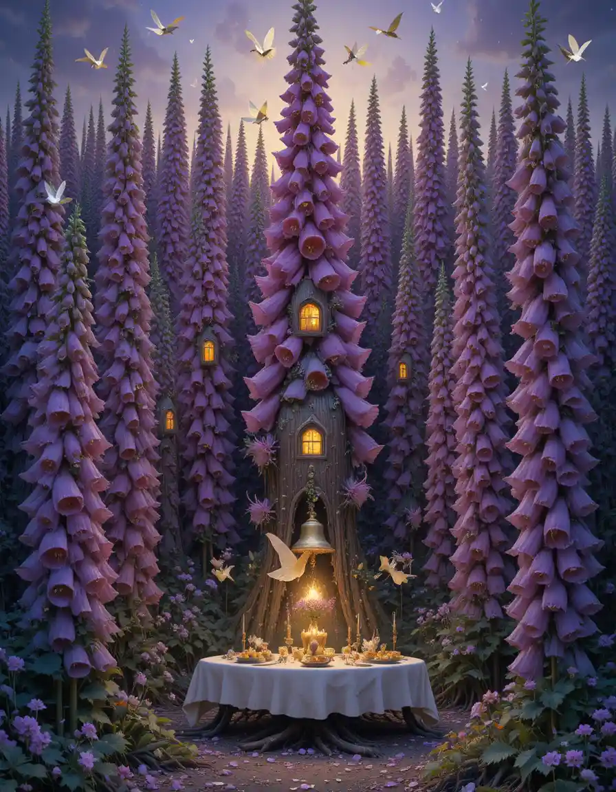 Fairy Village Hidden Among Towering Foxglove Flowers