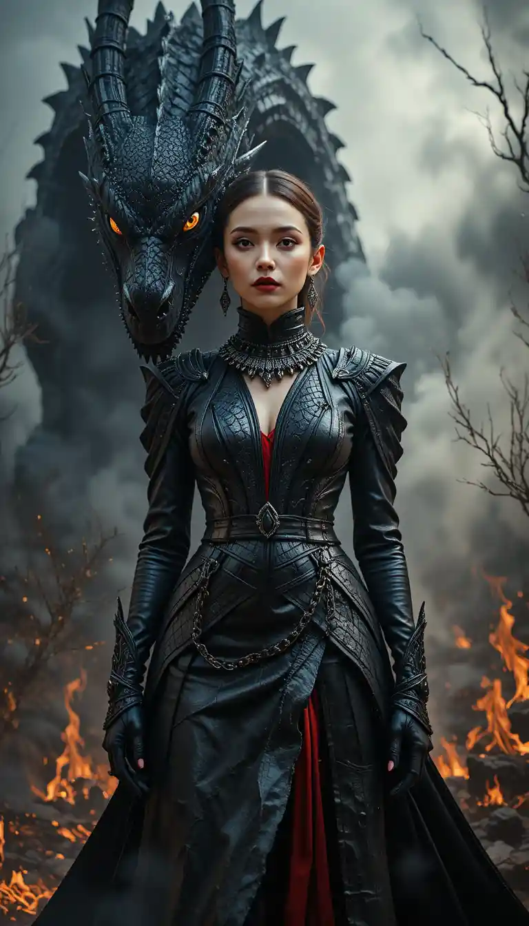 Avant garde leather dress with dragon in smoky firelight